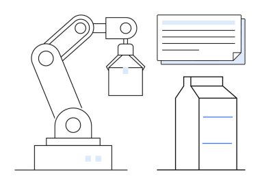 Katlanmış talimatların yanında bir konteynırı kaldıran robot kol ve bir karton paket. Otomasyon, robot bilimi, imalat, ambalaj, üretim, yenilik ve verimlilik için ideal. Basit düz metafor