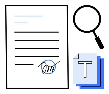 İmzalı kağıt, büyüteç ve istiflenmiş sayfalar incelemeyi, yasal süreçleri, sözleşmeleri ve arşivleri sembolize ediyor. İş, hukuk, belge doğrulama denetimi için idealdir. Uyum sade