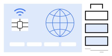 Kablosuz sinyalli mikroçip, dünya ikonu ve dijital bağlantıyı, çevrimiçi ödemeleri ve teknoloji ağlarını vurgulayan veri blokları. Fintech, e-ticaret, ödeme güvencesi için ideal