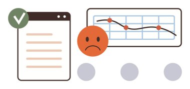 Üzücü yüz, grafikte azalan veri eğilimini, yeşil işaret onaylı belgeyi vurguluyor. İş analizleri, performans değerlendirmesi, hata analizi, veri içgörüleri, ilerleme izleme için ideal