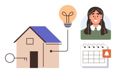 Anahtar erişimi olan ev, verimlilik için ampul, kadın portresi ve takvim hatırlatıcı. Akıllı ev teknolojisi, emlak yönetimi, planlama, güvenlik, yenilik enerji verimliliği için ideal