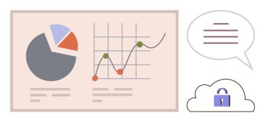 Pasta grafiği, satır grafiği ve metin balonu veri analizini belirtir. Asma kilitli bulut veri güvenliğini vurguluyor. Analiz, güvenlik, planlama, teknoloji, iş istatistikleri için ideal
