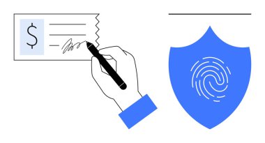 Kalemle el imzası çeki, dolar sembolü görünür, yanında da parmak izi olan bir kalkan simgesi. Bankacılık, finans, işlem güvenliği, kimlik doğrulama, dolandırıcılık önleme, kimlik doğrulama için ideal