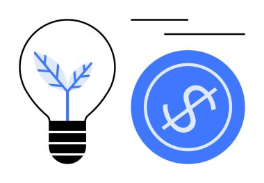 Bir bitki filizi ve mavi dolar ikonu içeren ampul çevre dostu yenilik, finansal büyüme ve yenilenebilir enerjiyi temsil ediyor. Sürdürülebilirlik, yaratıcılık, iş, yatırım için ideal