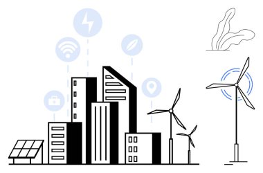 Şehir binaları rüzgar türbinleri, güneş panelleri ve akıllı teknolojiyi temsil eden bağlantı ikonları ile birleştirildi. Yeşil enerji, yenilik, sürdürülebilirlik, kentsel planlama ve teknoloji için ideal