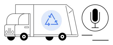 Ses kontrolü için mikrofonun yanında geri dönüşüm amblemi olan çöp kamyonu ya da çevreyle ilgili mesajlar. Geri dönüşüm, sürdürülebilirlik, çevre dostu teknoloji, atık yönetimi, iletişim, eğitim için ideal