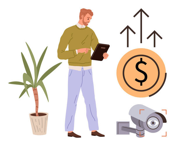 Человек держит планшет рядом с горшком завода, контролирует камеры наблюдения и анализирует рост бизнеса с помощью стрелок вверх и финансовой иконки. Идеально подходит для бизнеса, экономики, безопасности, технологий, роста