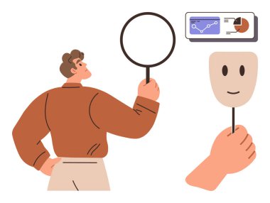 Detayları büyüteçle inceleyen, elinde gülümseyen bir maske tutan, kişisel gelişimi, şeffaflığı ve sezgileri temsil eden bir adam. Kimlik, analiz, iletişim, dürüstlük psikolojisi için idealdir.