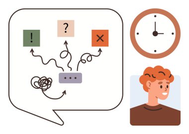 Oklu konuşma balonu, karışık yol ve ikonlar, x, saat zaman baskısı olduğunu gösteriyor. Gülümseyen kişi insan bakış açısına katkıda bulunur. Sorun çözme ve karar verme mekanizması için ideal