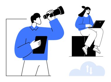 Teleskop ve tabletle keşif yapan bir adam, bir blokta dizüstü bilgisayarda çalışan bir kadın, bulut depolama ikonu. Takım çalışması, yenilik, keşif, iletişim, veri paylaşımı, gelecek için ideal