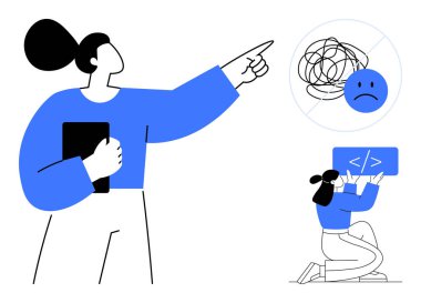 Hüsrana uğramış ifadelere ve birbirine dolanmış çizgilere işaret eden bir kadın, kod gösterisiyle diz çöken bir meslektaşı. Takım çalışması, problem çözümü, teknoloji, eğitim, iletişim, işbirliği, basit