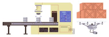 Robotik kol konveyöre nesneleri yerleştiriyor, Quadcopter yakınlarda geziniyor ve depolama kutularını istifliyor. Otomasyon, lojistik, robotik, imalat, teknoloji deposu ve yenilik için ideal. Basit düz