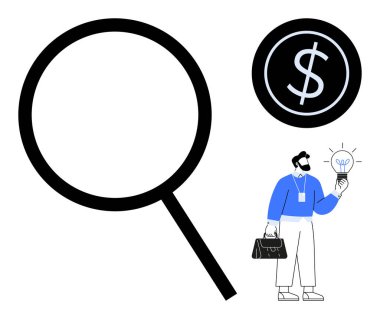 Büyüteç, dolar işareti bozuk para, elinde ampul tutan biri. Araştırma, finans, yenilik, problem çözme, girişimcilik kariyeri büyümesi kavramları için idealdir. Basit düz metafor