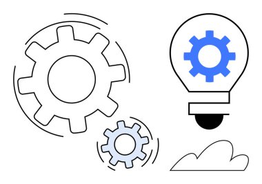 Büyük ve küçük dişliler, bir ampulün yanında işbirliği öneriyor. Fikirleri, yaratıcılığı ve yeniliği sembolize ediyor. Takım çalışması, beyin fırtınası, mekanik, geliştirme, icat, tasarım için ideal basit