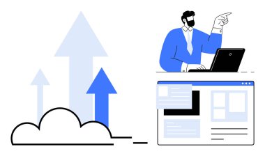 Laptop kullanan bir adam, buluttan yükselen oklar. İş, teknoloji, veri analizi, ilerleme, yenilik, üretkenlik ve yönetim temaları için idealdir. Basit düz metafor