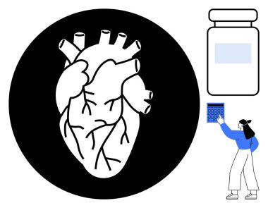 Cesur siyah çemberdeki anatomik kalp, sağlık verilerini hesaplayan kadın, tıbbı temsil eden şişe. Sağlık araştırmaları, kardiyoloji, tıbbi bakım, bilim çalışması, farmakoloji, sağlık hizmetleri için ideal