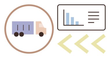 Daire şeklinde teslimat kamyonu, veri analizini gösteren bar çizelgesi ve yön okları taşımayı, sevkiyatı ve lojistik içgörüyü gösteriyor. Teslimat, lojistik ve veri görselleştirme için ideal