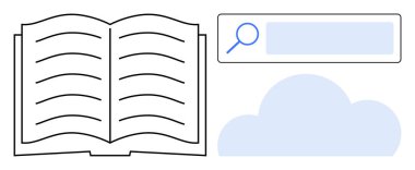 Metin satırlı açık kitap, büyüteçli arama çubuğu ve bulut simgesi. Eğitim, öğrenim, çevrimiçi araştırma, yenilik, bulut hesaplama, kütüphane sade iniş sayfası için ideal