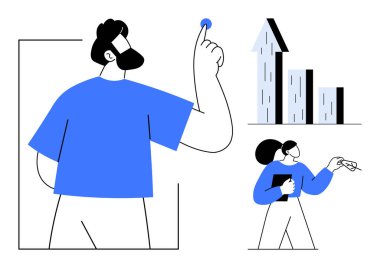 Fikir üreten iki profesyonel, yükselen büyüme ve yenilikle bir çubuk grafiğini analiz ediyorlar. Takım çalışması, iş planlaması, veri analizi, üretkenlik, mali büyüme, işbirliği için ideal