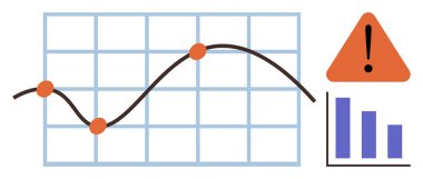 Çizilmiş veri noktaları, çubuk grafiği ve üçgen uyarı uyarısı içeren çizgi grafiği. Analiz, iş dünyası, risk yönetimi, mali eğilimler, tahminler, performans takibi için ideal