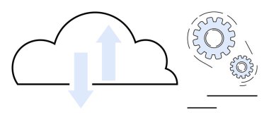 Veri akışını gösteren oklarla bulut ve süreç yönetimi ve otomasyonu sembolize eden vitesler. Teknoloji, bulut hesaplama, iş akışı otomasyonu, veri transferi, mühendislik, yenilik için ideal
