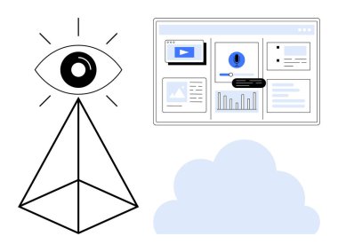Göz piramidinin tepesinde, bulutların ortasındaki çizelgeler, veriler ve görsellerle gösterge panelini izliyor. Veri analizi, denetim, yaratıcılık, bulut hesaplama, strateji, teknoloji için ideal basit düz metafor