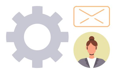 Operasyonları temsil eden şanzıman, iletişim için e-posta ve ofis kıyafetli profesyonel bir kadın karakter. Takım çalışması, iş, yönetim, işbirliği, teknoloji ve ağ için ideal