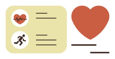 Kalp atışı ikonu, çalışan figür ve sağlığı simgeleyen büyük bir kalbe sahip soyut kart tasarımı. Fitness, sağlık, egzersiz, kalp sağlığı, tıbbi bakım yaşam tarzı teknolojisi için idealdir. Basit düz