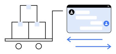 Paketleri istiflenmiş teslimat arabası, güncellemeler için kullanıcı sohbet arayüzü, etkileşimi gösteren oklar. Lojistik, e-ticaret, iletişim, izleme, işbirliği, müşteri desteği için ideal