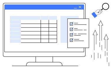 Veri tablosu olan masaüstü ekranı, tamamlanmış görevleri olan kontrol listesi, büyüteç ve ilerlemeyi simgeleyen yukarı doğru oklar. Üretkenlik, başarı, büyüme, planlama, iş teknolojisi için ideal