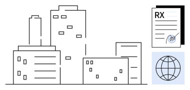 Modern sanat eserleri, ayrıntılı reçete belgesi ve kentleşme, sağlık, küresel bağlantılar, etik uygulamalar, iş dünyası temalarını vurgulayan küresel simge temalı şehir silueti