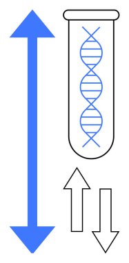 Bir test tüpünde DNA ipliği, büyük dikey ok ve daha küçük oklara zıt. Genetik araştırma, biyoteknoloji, analiz, yenilik, veri yorumu için ideal, moleküler biyoloji basit düz