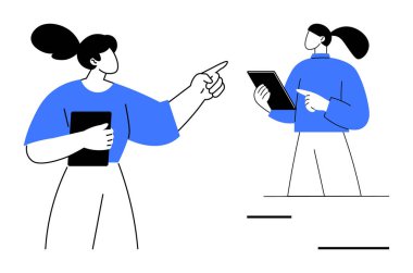 Fikir alışverişinde bulunan iki kişi, biri tablet tutuyor ve diğeri işaret ediyor. Takım çalışması, işbirliği, iletişim, planlama, beyin fırtınası, liderlik ve basit bir iniş sayfası için ideal