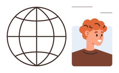 Kullanıcı profili avatarının yanındaki dünya sembolü. Ağ kurmak için ideal, teknoloji, iletişim, küresel erişim, dijital kimlik, çevrimiçi varlık, kullanıcı etkileşimi. Basit düz metafor