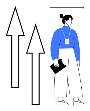 Elinde dosya tutan, mavi kazak giyen, yukarı doğru ok atan bir kadın. Konseptler için ideal iş büyümesi, kariyer gelişimi, ilerleme, başarı, strateji, liderlik basit