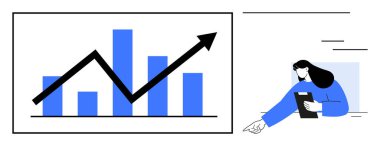 Bir tablet tutan iş kadını, artan grafik ve okla çizelgeyi inceliyor. Analiz, ticari ilerleme, büyüme stratejisi, mali başarı, veri görselleştirme, planlama, basit