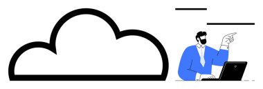 İş birliği ve internet iletişimi için dizüstü bilgisayar kullanırken profesyonel bir jestin yanında büyük bir bulut simgesi. Teknoloji, bulut hizmetleri, bilişim çözümleri, işbirliği, veri depolama için ideal