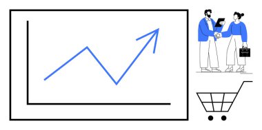Yükselen trend, profesyonel tokalaşma ve alışveriş arabasıyla çizelge büyümeyi, ortaklıkları ve ticareti vurguluyor. İş stratejisi, satış, pazarlama ve takım çalışması için ideal ilerleme başarısı