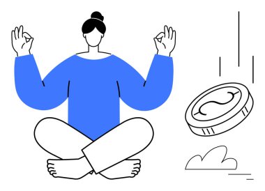 Lotus pozisyonunda bir kadın, düşen bir madeni para sembolünün yanında meditasyon yapıyor. Farkındalık, kişisel büyüme, mali istikrar, sağlık, ruh sağlığı, kişisel bakım, sade iniş sayfası için ideal