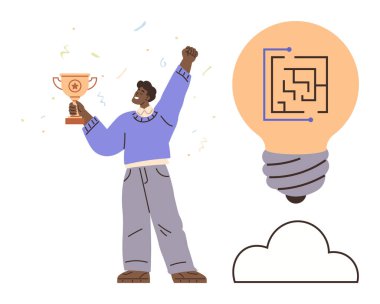 Dijital devre tasarımı ve bulutu olan parlak bir ampulün yanında zafer hatırası tutan adam. Başarı, yenilik, yaratıcılık, problem çözme, takım çalışması, teknoloji, motivasyon için idealdir. Basit.