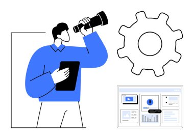 Profesyonel iş adamı bir tablet tutuyor ve teleskoptan bakıyor, büyük dişli sembolize etme süreci, masaüstü arayüzü. Yenilik, analitik, planlama, vizyon, keşif araçları için ideal