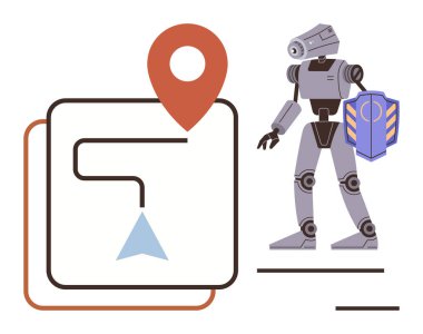 Kalkanları olan otonom bir robot GPS navigasyon rotası ve konumunu koruyor. Teknoloji, navigasyon, güvenlik, yapay zeka yeniliği, robotik, gelecekteki kavramlar, dijital güvenlik temaları için idealdir. Basit düz