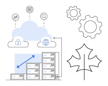 Bulut depolama ikonlarına bağlı güvenlik, küresel ağlar. Ölçeklenebilirlik sunucusu, büyüme oku ile raflar, yönetim için vitesler, sürdürülebilirlik için yaprak. Teknoloji, bilişim, büyüme ve güvenlik için ideal