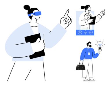 Yukarı bakan bir VR kullanıcısı, telekonferansta doktor ve elinde bavul ve ampulle iş adamı da dahil olmak üzere çeşitli profesyoneller. Teknoloji, sağlık, yenilik temaları için ideal, basit