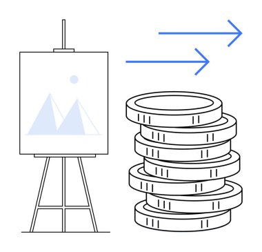 Sanat yatırımını ve finansal büyümeyi temsil eden bozuk paraların ve yön gösteren okların yanında sanat eserleri olan Easel. Yatırım, sanat, ekonomi, iş, strateji, zenginlik ve finans için ideal. Basit düz