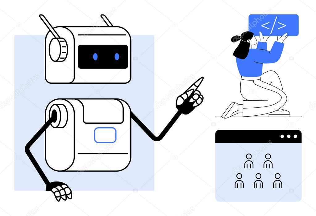 Vector of Robot guiding a programmer coding on a screen with a team collaboration interface. Ideal for automation, coding, AI, teamwork, education, innovation, online tools, simple landing page Robot guiding a programmer coding on a screen with a team collaboration interface. Ideal for automation, coding, AI, teamwork, education, innovation, online tools, simple landing page stock vector