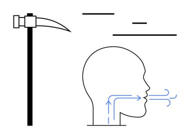 Ağızdan hava akışını gösteren oklarla insan kafasının yanındaki çekiç aleti. İletişim, emek, işçilik, zanaat, solunum, endüstri, eğitim veya basit iniş sayfası için ideal