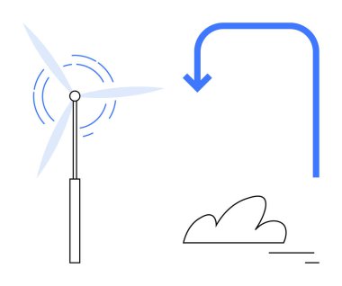 Rüzgar türbini enerji üretiyor, mavi ok yönü sembolize ediyor, doğa için bulut elementleri. Sürdürülebilirlik için ideal, yenilenebilir enerji, çevre, yenilik, yeşil teknoloji, hava durumu basit