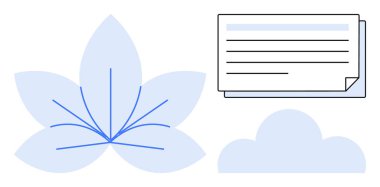 Yaprak ana hatları, bulut grafiği ve katlanmış metin belgesi doğa ve iletişim arasındaki uyumu vurgular. Sürdürülebilirlik, ekoloji, mesajlaşma, denge, berraklık, farkındalık ve verimlilik için ideal