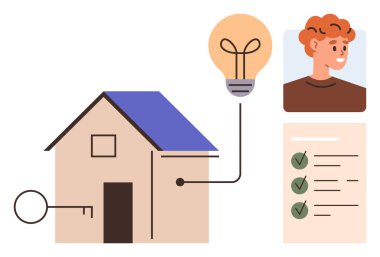 Anahtarlı ev, işaretli kontrol listesi, fikirleri sembolize eden ampul ve insan portresi. Gayrimenkul, emlak yönetimi, akıllı ev, finans, yaratıcılık planlaması için ideal